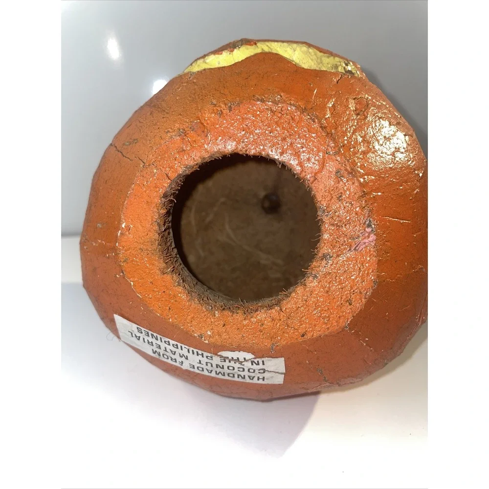 VTG Halloween‎ Coconut Pumpkin Jack-O-Lantern Handcrafted Philippines Painted E7